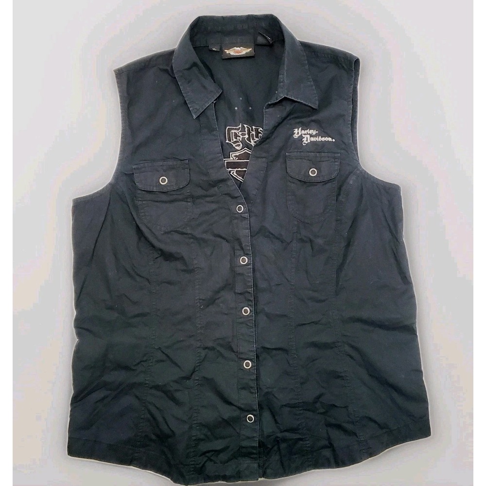 HARLEY DAVIDSON Sleeveless Vest Sequins On Back Snap Down Shirt Size XLarge‎